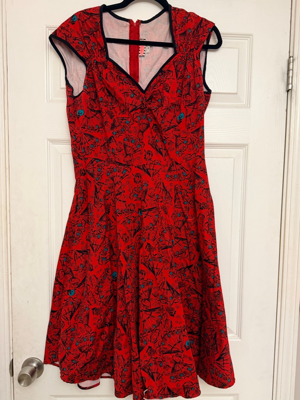 Pinup Couture Red Floral Fit-and-Flare Dress with Black Trim